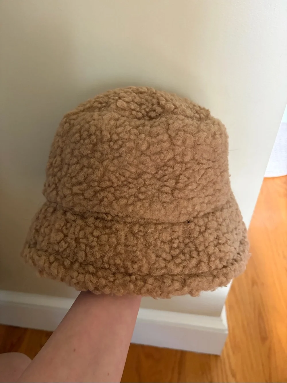 NWOT Plush Teddy Bucket Hat in Tan